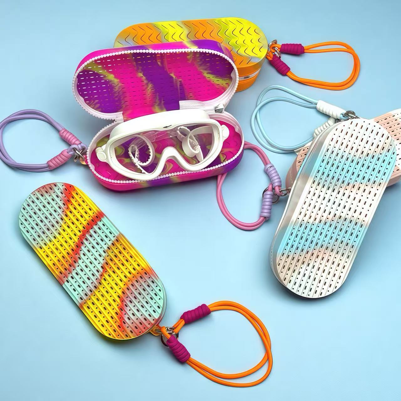 Blue - pink Breathable Silicone Swim Goggles Case Shockproof Sunglasses Protector Box Portable Large Capacity Storage Pouch with Hanging Strap for Swimming and Travel - Factory Direct Shop