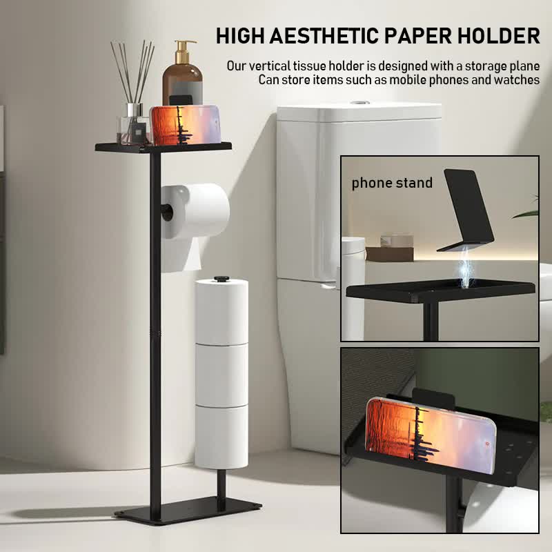 3 - in - 1 Freestanding Toilet Paper Holder - Thick Carbon Steel with Matte Black Finish, Storage Top, Paper Roll Holder, and Integrated Brush Holder - Factory Direct Shop