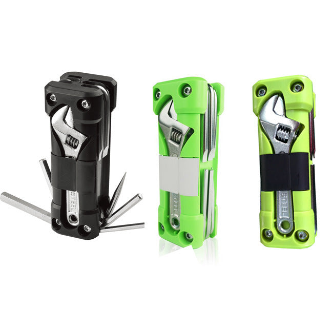 Black Compact 16-in-1 Bicycle & Motorcycle Repair Multi-Tool with Adjustable Wrench & Socket Set