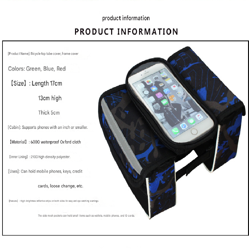 Blue Bicycle Top Tube Frame Bag with Detachable Touch Screen Phone Holder Waterproof Double Pouch Cycling Saddle Bag for Mountain Bikes