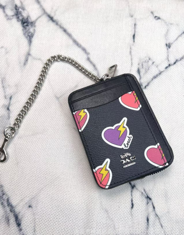 2 Pack Women's Mini Zip Card Holder & Coin Purse with Keychain - White Peach Blossom & Black Electric Heart Print - Compact ID Wallet for Daily Use - Factory Direct Shop
