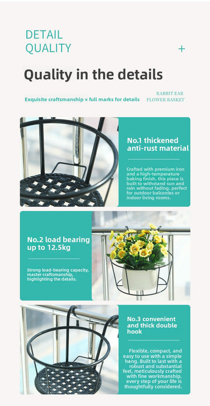 Hanging Flower Pot Holder Metal Balcony Railing Planter Basket Round Iron Rack with Mesh Bottom Fits up to 6cm Rail for Fence & Patio White