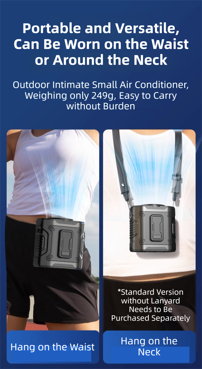 Black Portable Waist Fan - Construction Site Cooling Solution with 360° Turbo Ice Engine, 100 Speed Gears, and LED Light