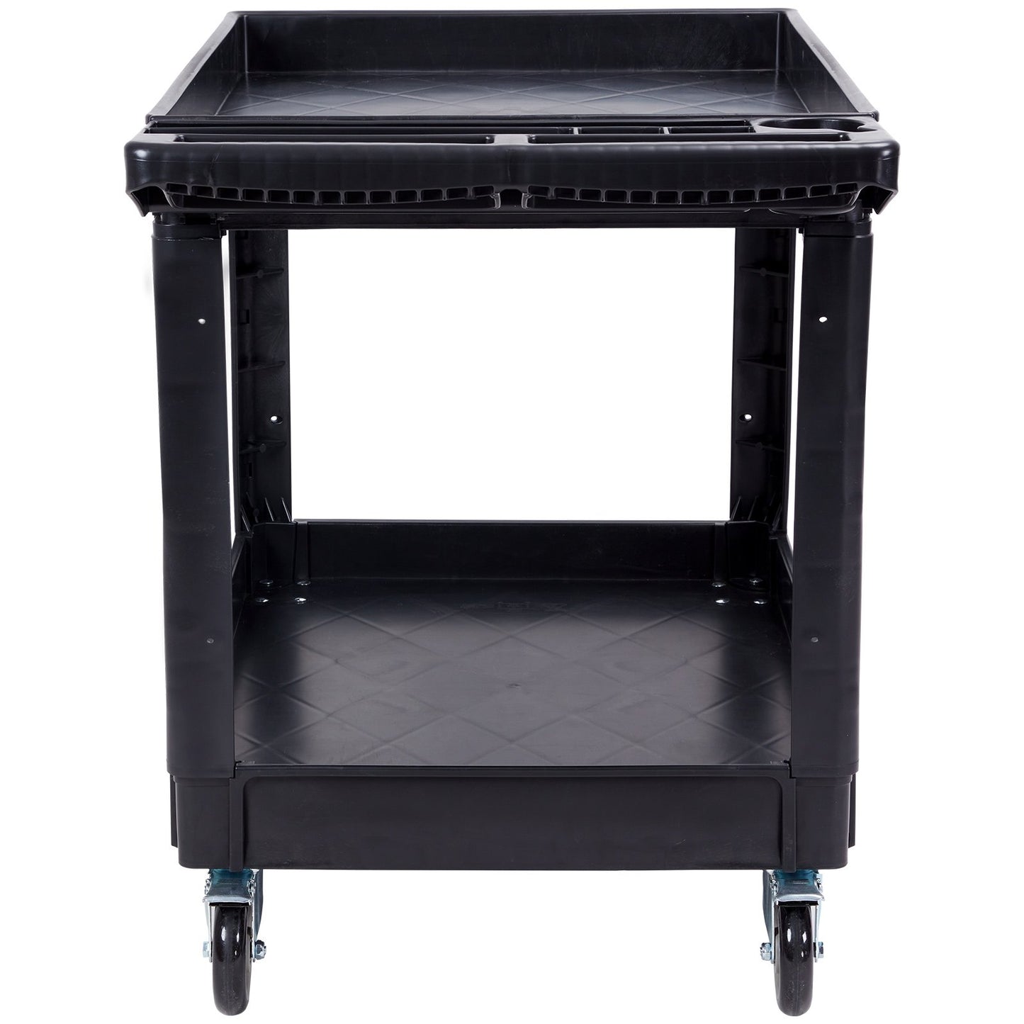 Utility Service Cart, 2 Shelf 550LBS Heavy Duty Plastic Rolling Utility Cart with 360° Swivel Wheels (2 with Brakes), Large Lipped Shelf, Ergonomic Storage Handle for Warehouse/Garage/Cleaning