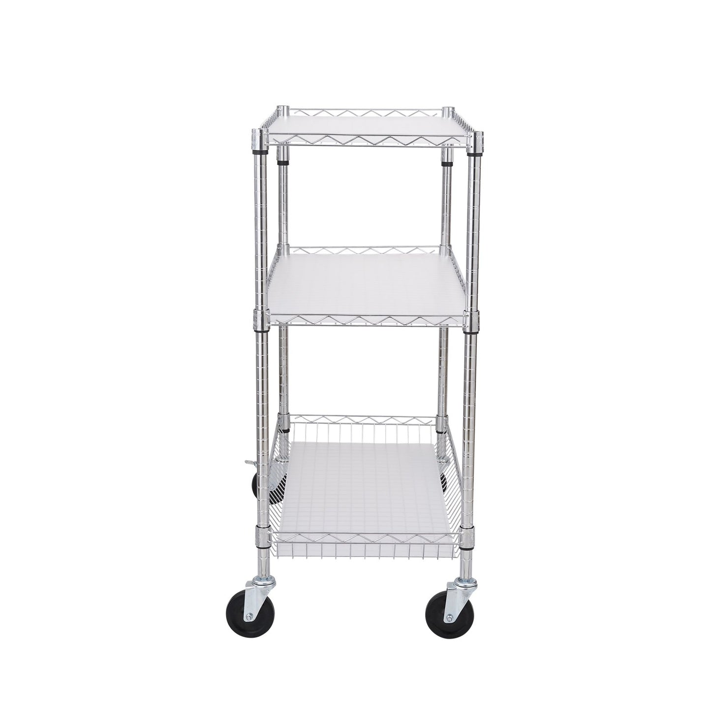 Kitchen Utility Cart, 3 Tiers, Wire Rolling Cart, Steel Service Cart on Wheels, Metal Storage Trolley with 80mm Basket Curved Handle PP Liner 6 Hooks, for Indoor and Outdoor