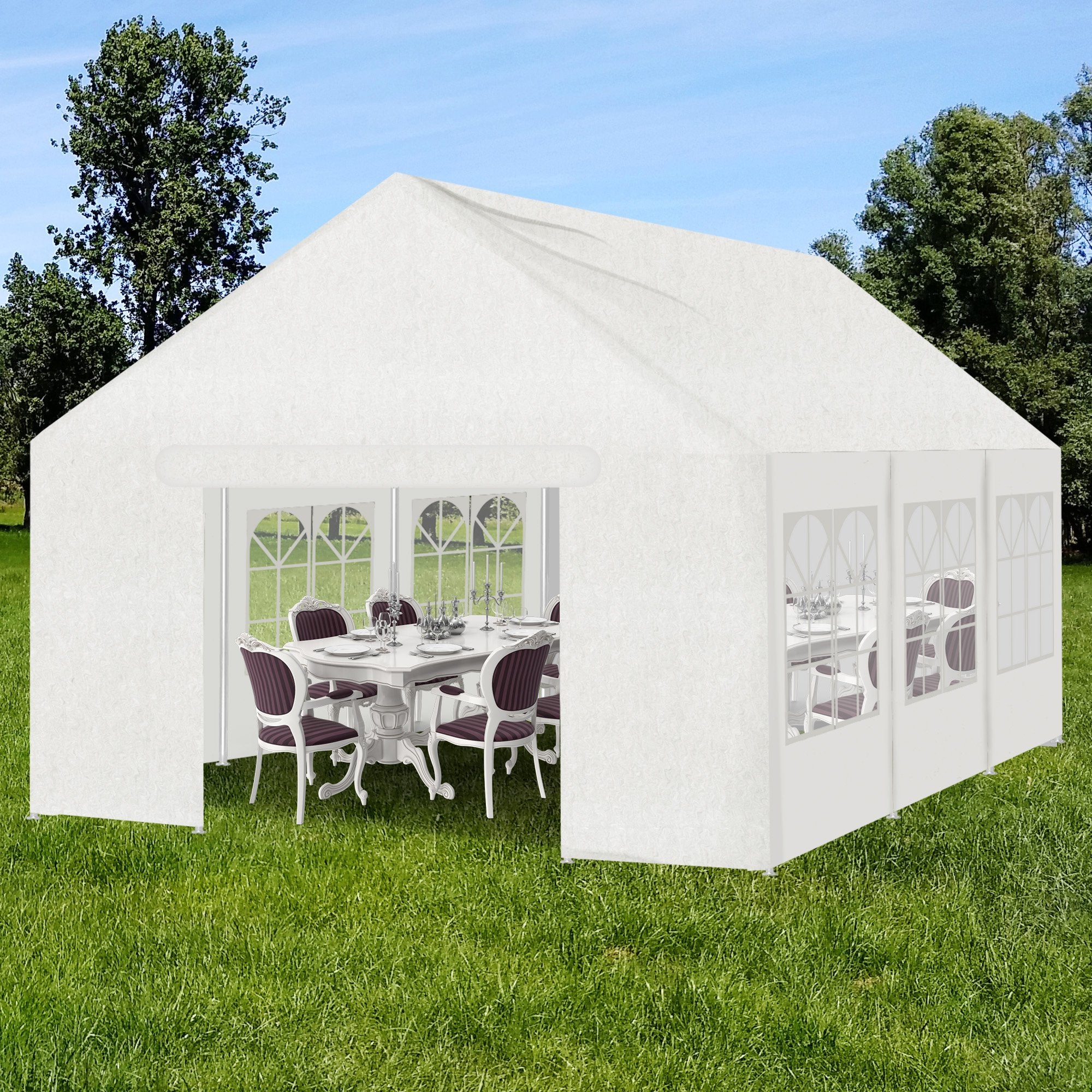 Event Marquee Gazebo Party Wedding Tent - White
Ideal for various outdoor gatherings and celebrations, this versatile event tent accommodates any setting. With the option to easily attach or remove panels on each side, you can create a spacious and open design. The end wall features a zip-up door with a clearance of 1.8m, which can be secured open or closed. Made from fully water-resistant materials, this tent boasts a 10cm roof overhang to ensure effective rain runoff. Sturdy 38mm enamel-coated steel pole