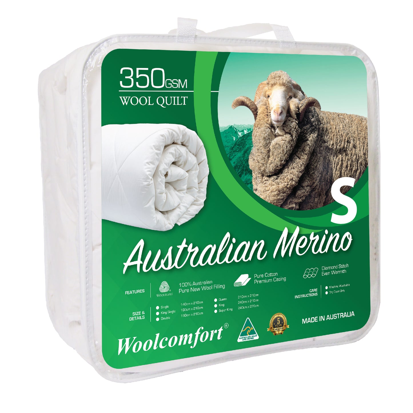Woolcomfort Aus Made Merino Wool Quilt 350GSM 140x210cm Single Size
Experience the best in bedding with our Woolcomfort Aus Made Merino Wool Quilt. Made with 100 percent pure new Australian Merino Wool and a natural cotton fabric, this quilt is perfect for crafting premium quilts with exceptional insulation, softness, and non-allergenic properties. At 350 grams per square metre (GSM), it offers the perfect medium-weight warmth for a comfortable and restful night's sleep. Furthermore, our quilt is fire-resi