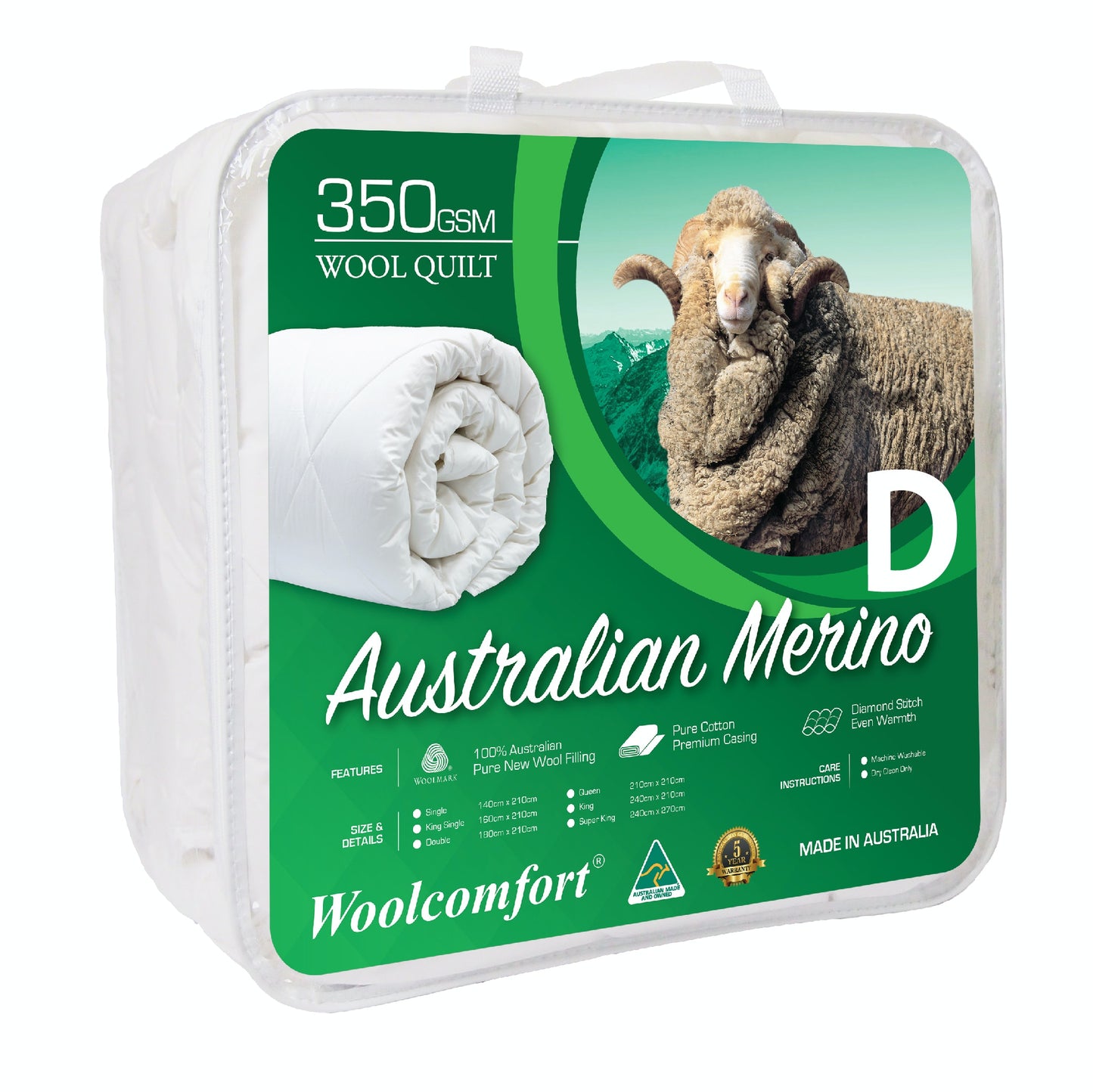 Woolcomfort Aus Made Merino Wool Quilt 350GSM 180x210cm Double Size
Crafted with the finest Australian Merino wool and encased in natural cotton fabric, the Woolcomfort Aus Made Merino Wool Quilt 350GSM 180x210cm Double Size is a medium-weight quilt that offers superior insulation, non-allergenic properties, and exceptional softness. With 350 grams per square metre (GSM) of 100% pure new Australian Merino wool, it provides optimal warmth and comfort for a peaceful night's rest. Plus, its fire-resistant and