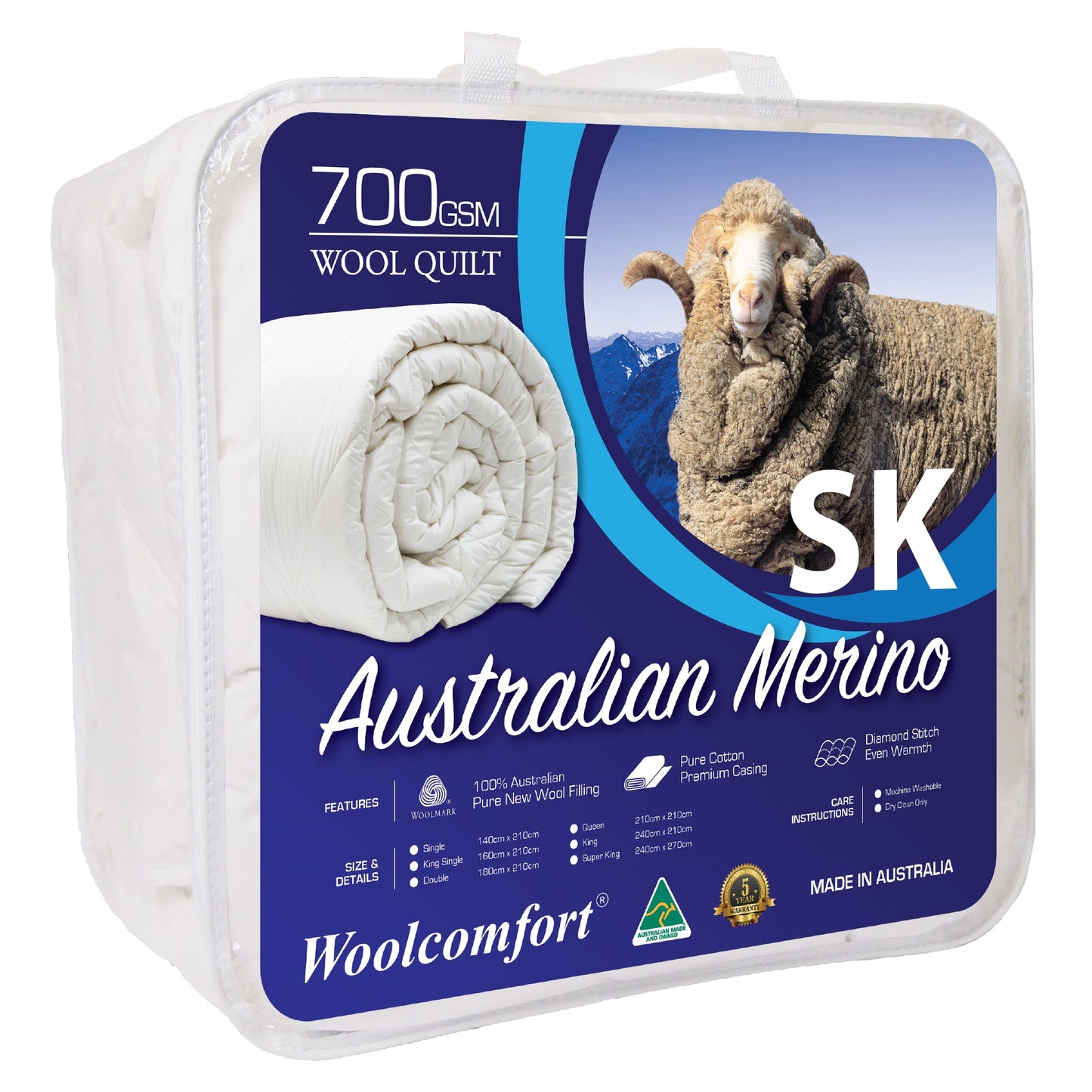 Woolcomfort Aus Made Merino Wool Quilt 700GSM 270x240cm Super King Size
Our 700GSM Merino Wool Quilt is made in Australia and provides superior insulation, softness, and non-allergenic properties, making it perfect for crafting premium quilts. The quilt contains 700 grams per square metre (GSM) of 100 percent pure new Australian Merino Wool, encased in natural cotton fabric for a luxurious feel. Additionally, it is fire-resistant, free from harsh chemicals, and breathable, promoting a comfortable and restf