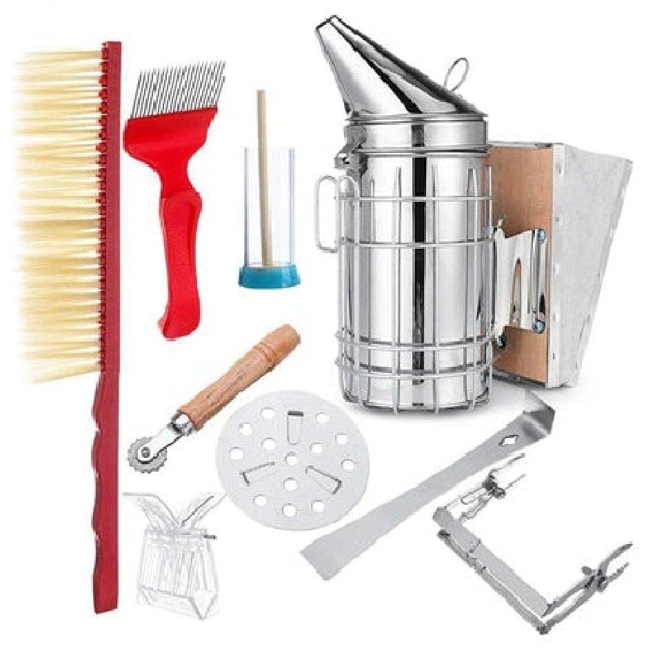 9Pcs Beekeeping Bee Hive Starter Kit for Professional and Beginner Beekeeper's WITH Large Smoker