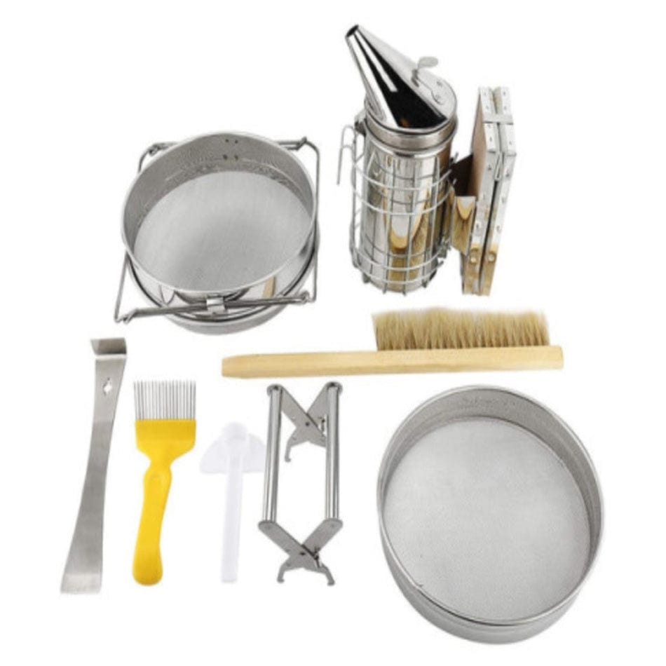 7 Pcs Beekeeping Tool Kit Including Honey Strainer, Frame Grip, J-Hook tool, Entrance Feeder