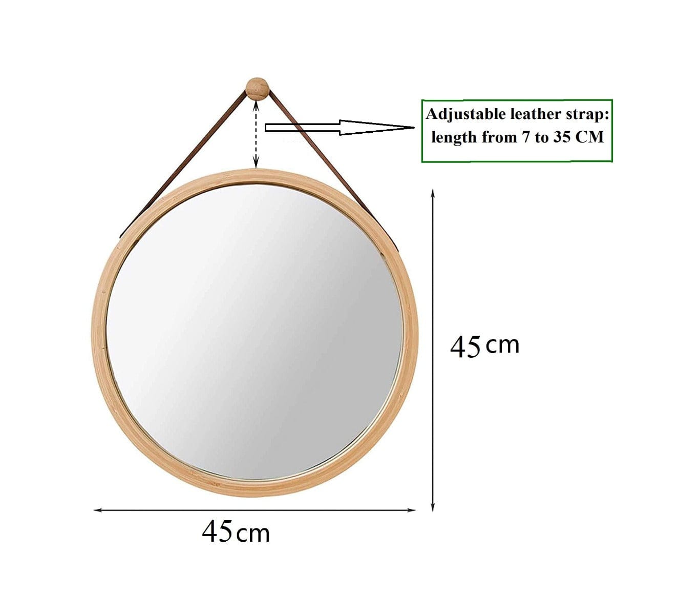 Hanging Round Wall Mirror 45 cm - Solid Bamboo Frame and Adjustable Leather Strap