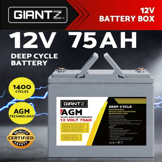 75Ah Deep Cycle Battery 12V AGM Marine Sealed Power Portable Box Solar Caravan Camping