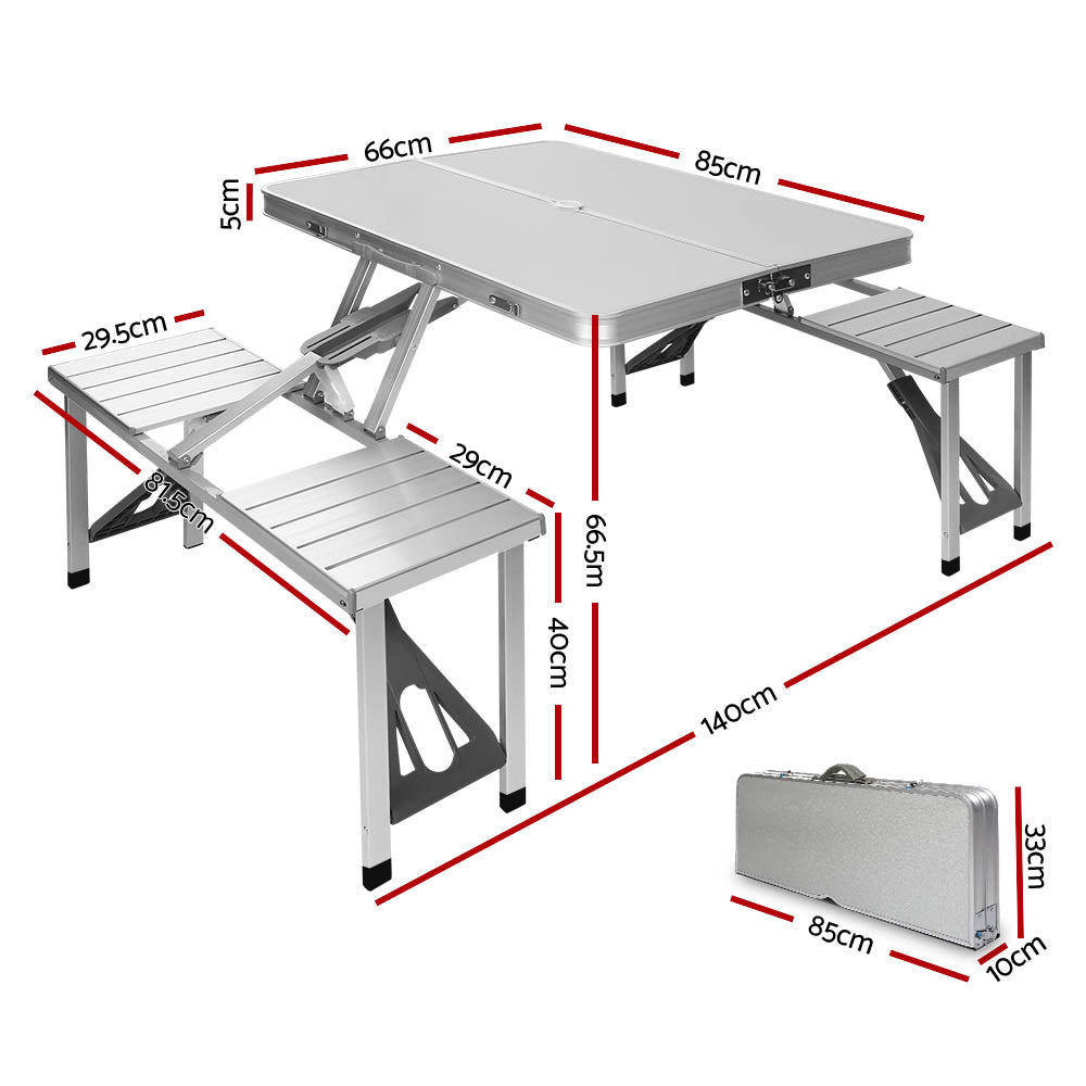 Folding Table With 2 x Bench Chairs-Aluminium