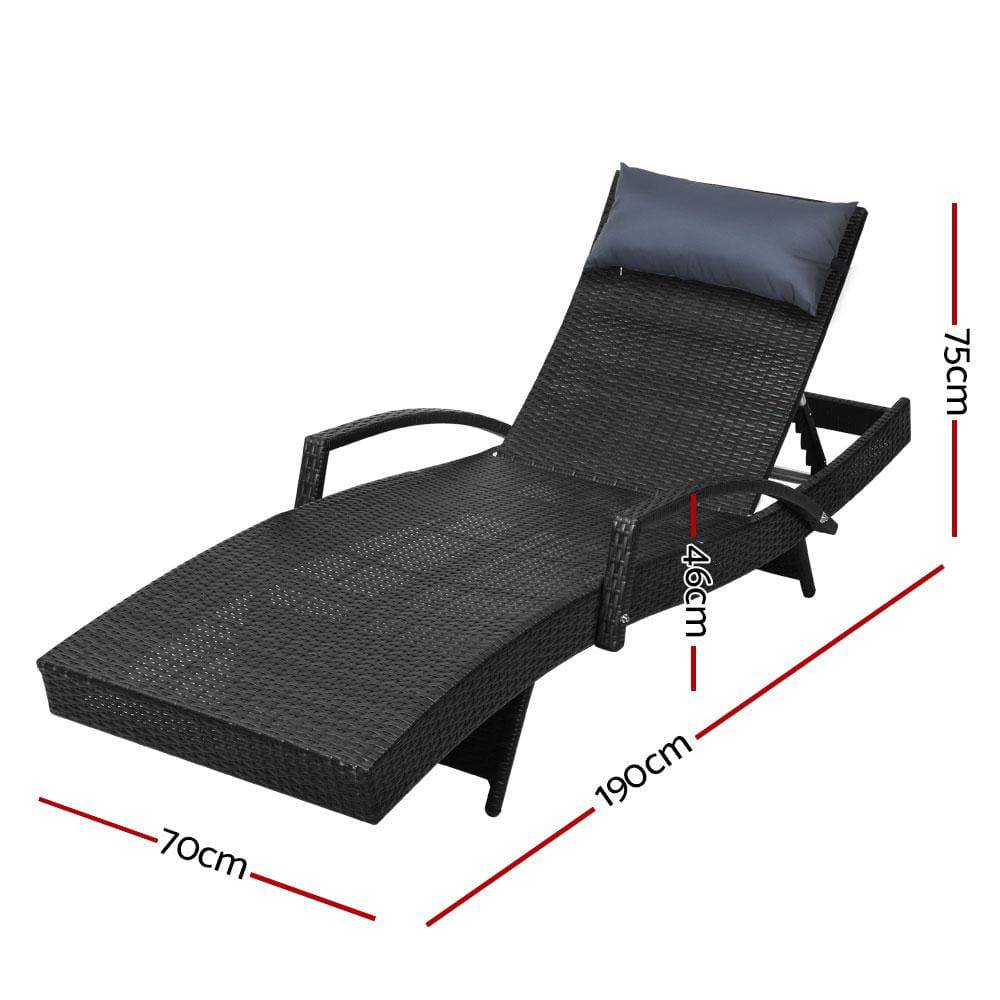 2x Sun Lounge Outdoor Furniture Wicker Lounger Rattan Day Bed Garden Patio Black