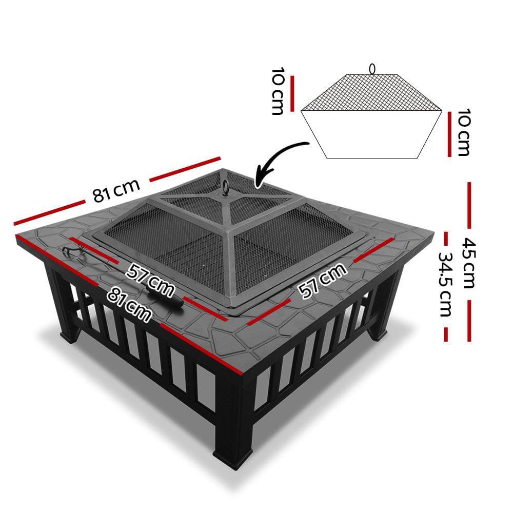 Fire Pit Outdoor BBQ Table Grill Fireplace Stone Pattern 81x 81 x 45cm