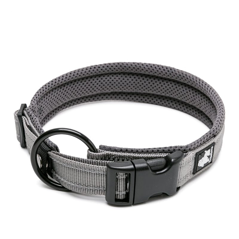 A heavy duty reflective grey dog collar with a safety lock mechanism and a stainless steel O ring.