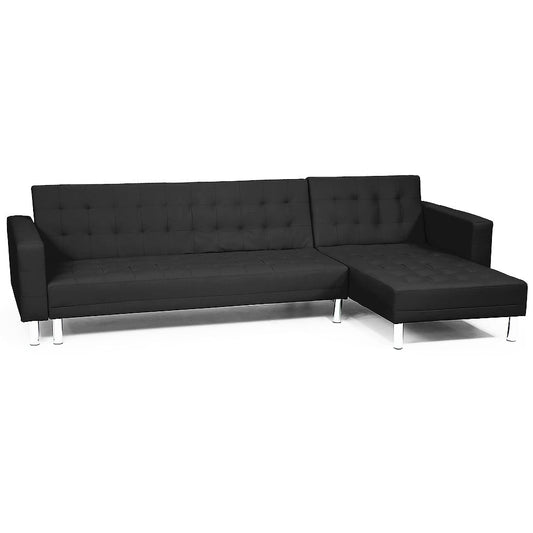 Black faux leather corner sofa bed with chaise on metal legs.