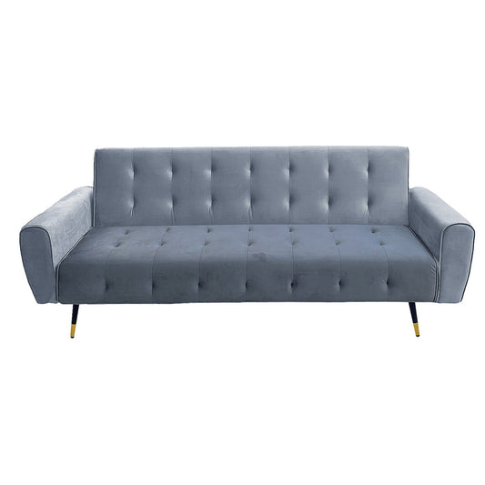 A light grey tufted velvet sofa bed with a contemporary design, featuring a wood frame and metal legs.
