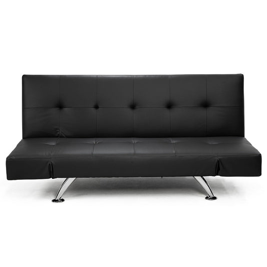 A black faux leather sofa bed with adjustable armrests and chrome-painted legs, shown in a fully laid out bed configuration.