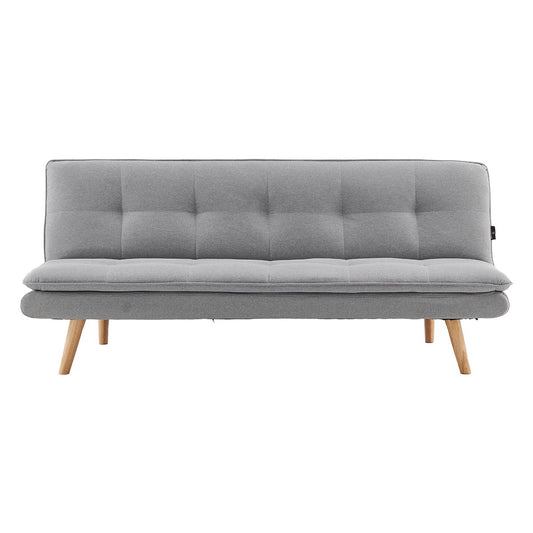 A light grey, three-seater linen sofa bed with wooden legs and buttoned cushions.