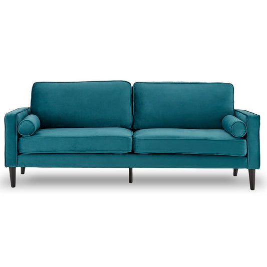 A blue faux velvet sofa bed with wooden legs and rolled armrests, pictured without bolsters.