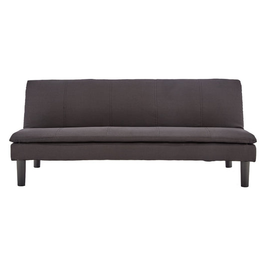 A black faux linen fabric sofa bed with a wooden frame and wooden legs, displayed against a white background.
