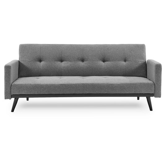A light grey Sarantino tufted faux linen 3-seater sofa bed with armrests, wooden legs, and a tufted backrest.