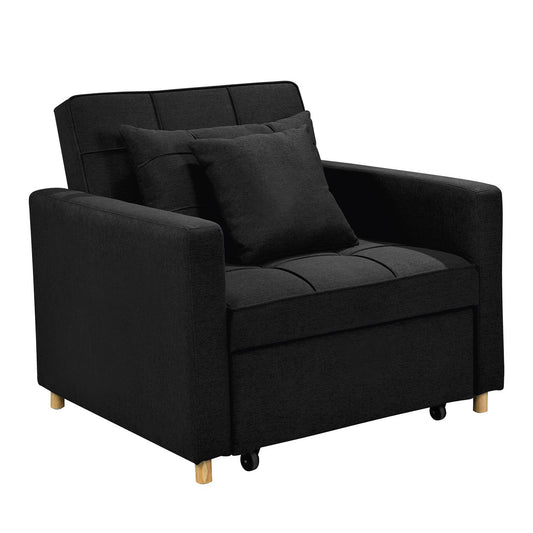 A black Sarantino Suri 3-in-1 Convertible Lounge Chair Bed with a wooden frame and wooden legs, displayed in a configuration similar to a sofa.