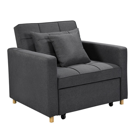 A dark grey Sarantino Suri 3-in-1 Convertible Sofa Chair Bed with a wooden frame and legs, displaying its sofa mode.