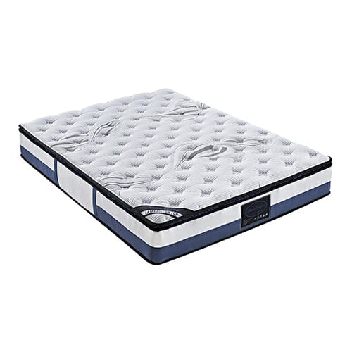 A single mattress with a pillow top, pocket spring design, predominantly white with blue trim, on a white background.
