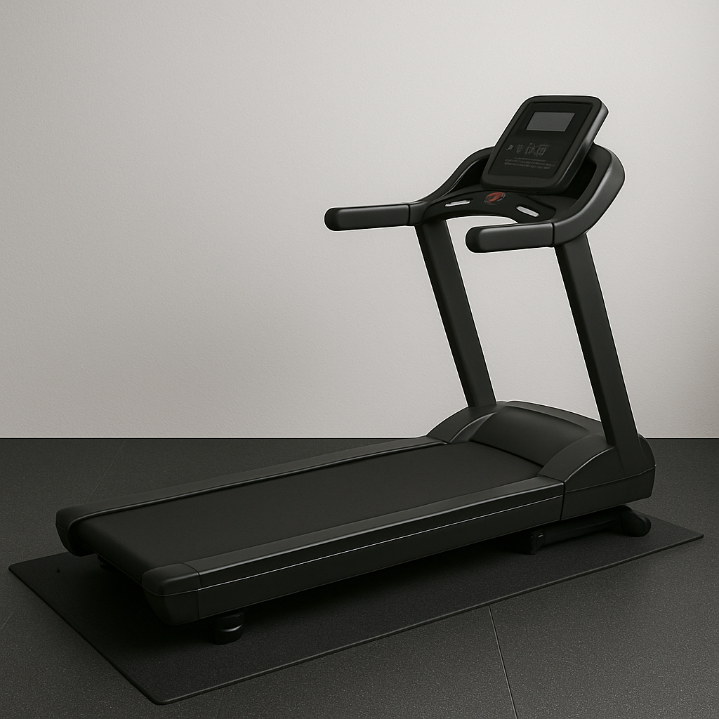 Modern treadmill with digital console placed on black treadmill mat in home gym with dark flooring and light wall