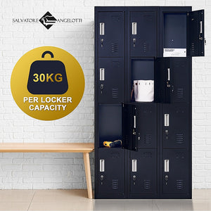 Organize your office or gym space with our 12-door locker. Each locker comes equipped with a standard lock and 2 keys for secure storage. Keep your belongings safe and easily accessible with this sleek and functional design. Perfect for any professional setting.
