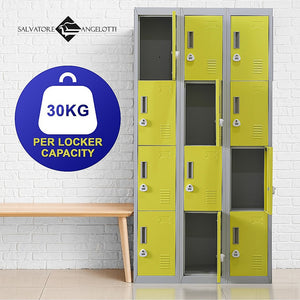 Experience convenience and security with our 12-door locker for the office gym. The 3-digit combination lock ensures your belongings are safe while the large capacity allows for storage of personal and work items. Perfect for any office or gym setting.