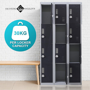 This 12-door locker with a 3-digit combination lock is the ideal storage solution for multiple-user environments. Whether it's for an office, dorm, gym, spa, school, or hospital, this secure locker provides a professional and standard appearance. Plus, you have the option to purchase additional units as needed.