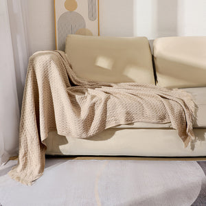 130*230CM Khaki Nordic Solid Color Knitted Sofa Throw Blanket with Tassels - Waffle Weave Polyester Decorative Blanket

Cuddle up with our 130*230CM Khaki Nordic Knitted Throw Blanket! Made with soft polyester, this waffle weave blanket adds a cozy touch to any room. The tassels and solid color design add style and comfort, perfect for snuggling on the sofa or as a decorative piece