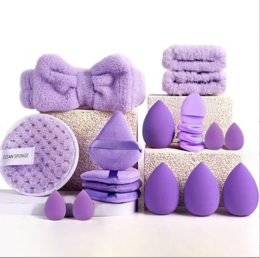 3 * Purple 20 Sets Makeup Sponge Set - Flannel Headband, Crystal Velvet Puffs, Non-Latex Beauty Blenders for Flawless Application