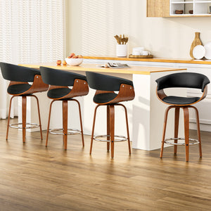 Artiss 4X Bar Stools Wooden Bar Stool Swivel Kitchen Dining Chairs Leather Black

Wood, metal, and deluxe PU leather in total harmony. Such is the eclectic design of our Artiss Cassius Bar Stool that stands out from other mundane offerings. Meticulously crafted with solid plywood in a stunning walnut finish for the frame, the barstool features a thick faux leather seat that rotates 3600 and a similarly padded backrest that feels comfortably smooth and looks absolutely classy.