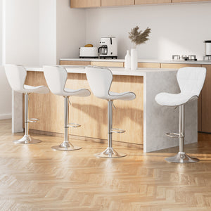 4x Bar Stools RUBY Kitchen Swivel Bar Stool Leather Chairs Gas Lift White

This bar stool serves as both a comfortable seating option and a sleek, unobtrusive addition to any setting. Its elegant design and stylish chrome gas lift lever make it a perfect fit for modern decor. The stool is constructed with a durable chrome base and features a padded PU leather seat for lasting quality and maximum comfort. With an innovative and contemporary look, it is a beautiful and high-quality piece.