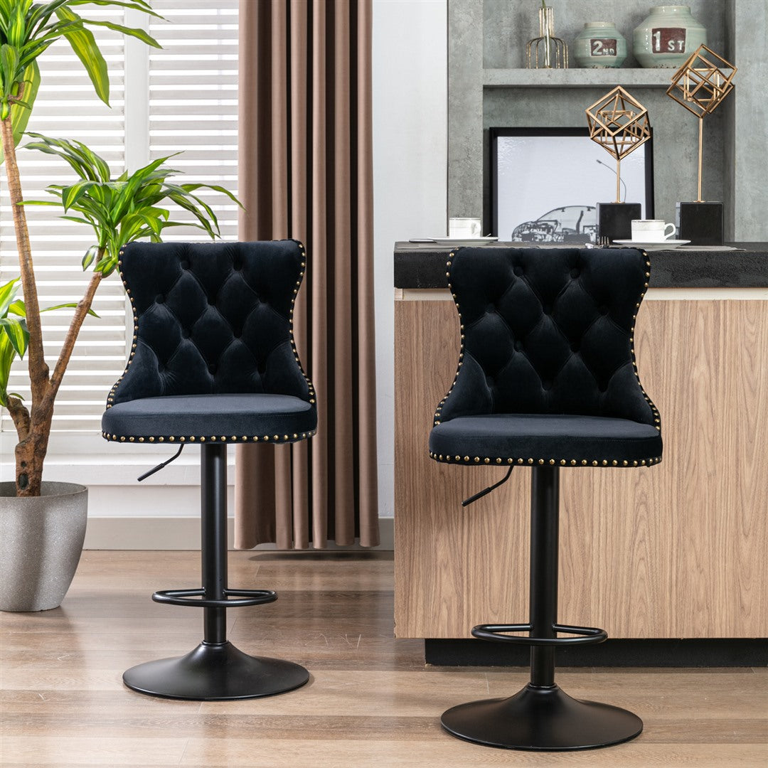 4x Height Adjustable Swivel Bar Stool Velvet Nailhead Barstool with Footrest

Update your home with the stylish 4x Height Adjustable Swivel Bar Stool. Its button-tufted back and studded trim add a touch of mid-century charm, while the adjustable height makes it perfect for any occasion. With its solid steel frame and non-slip rubber ring, this bar stool is as durable as it is elegant. Add a touch of modern fashion to any room in your home with this velvet barstool.