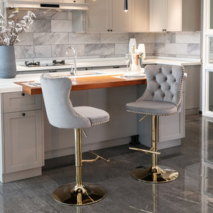 4x Height Adjustable Swivel Bar Stool Velvet Studs Barstool with Footrest and Golden Base- Grey

Experience luxurious comfort and modern style with our 4x Height Adjustable Swivel Bar Stool. Featuring a soft velvet seat with elegant studs, a convenient footrest, and a golden base, this barstool can be adjusted to your desired height for the perfect fit. Elevate your bar or dining area with this premium addition.