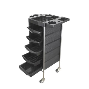 5-Drawer Hairdressing Trolley – Black (90x30x36cm)

This 5-drawer hairdressing trolley offers ample storage to elevate any salon, barber, tattoo studio, or groomer. It features 4 wheels for seamless mobility and a spacious segmented compartment with ample holders to accommodate all your accessories and equipment. It's a highly versatile and efficient storage solution.