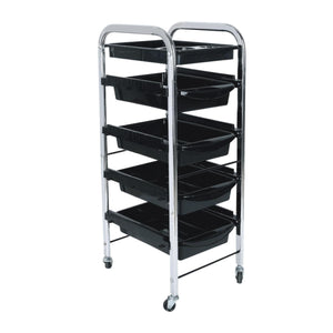 5-Tier Hairdressing Trolley – Black (80x40x30cm)

This professional Salon Trolley features 4 removable drawers and a segmented top tray perfect for holding hairdressing accessories such as a tint bowl and hairdryer. Equipped with 4 wheels, it allows for easy mobility, while the drawers are effortless to clean. An essential cart providing ample storage for any salon, barber, or home setting.