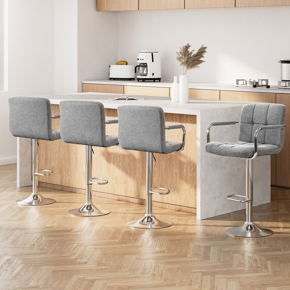 Artiss 4x Bar Stools Fabric Gas Lift w/Armrest Grey

Elevate your home bar or kitchen counter with the Artiss 4x Bar Stools Fabric Gas Lift w/Armrest in Grey. The classic design and faux linen fabric exude timeless elegance, while the extra thick foam padding and contoured backrest provide supreme comfort. Enjoy a touch of class and ultimate relaxation with this versatile and stylish bar stool set.