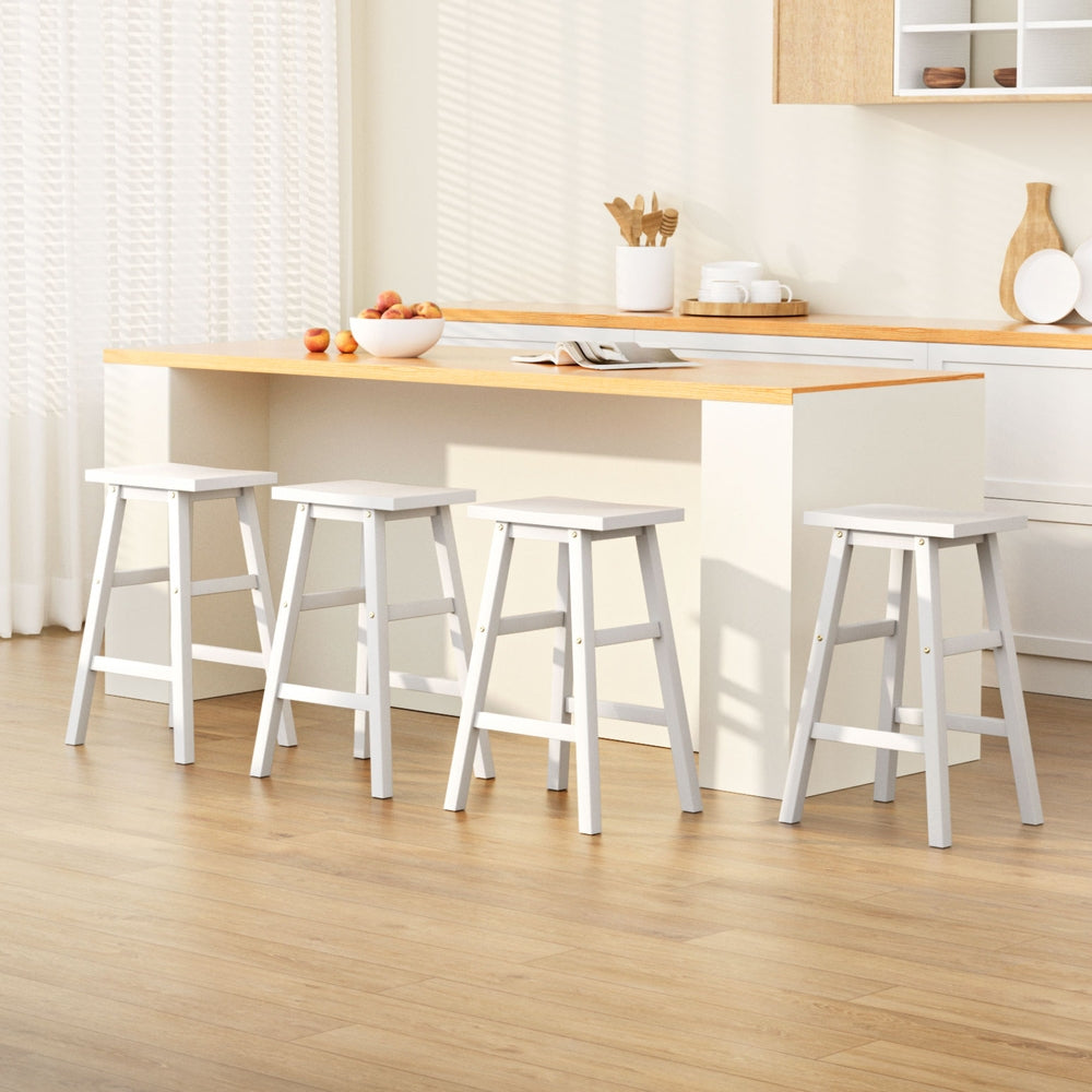 Artiss 4x Bar Stools Kitchen Chairs Wooden White

The Baden 'saddle seat' Bar Stool is a strong and durable addition to any home décor, perfect for placement at the kitchen island, breakfast corner, or bar counter. Its sturdy design and split-level footrests provide comfortable seating for both teens and adults, while the anti-slip floor protectors ensure stability even with robust use. With its contoured seat and just the right height for under-counter placement, the Baden Bar Stool is a practical and styl