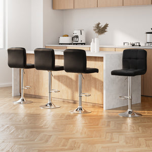 Artiss 4x Bar Stools Leather Gas Lift Black

Expertly designed to seamlessly fit into any setting, these 4 bar stools boast ultimate seating comfort and an effortlessly chic aesthetic. Adorned with a sleek chrome gas lift lever and a premium PU leather cushion, these stools are not only visually appealing but also durable and comfortable.