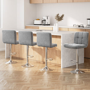 Artiss 4x Fabric Bar Stools NOEL Kitchen Chairs Swivel Bar Stool Gas Lift Grey

These grey bar stools come in a set of 4 and boast a comfortable, padded fabric seat atop a sleek chrome base. Whether in your bar area, high top kitchen bench, or caf?, these stools offer both quality and comfort. With modern design and superior construction, these are a must-have for any space.