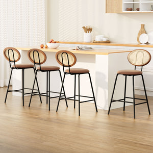 Artiss 4x Bar Stools PU Leather Stools Brown

The Artiss Raye Bar Stool adds a charming touch to any home, restaurant, or bar with its timeless style and warm tones. Constructed from a sturdy steel frame, this stool features a rattan backrest and comfortable upholstered seat for a classic design that brings warmth and depth to your home decor. The well-ventilated rattan weave backrest is easy to clean and has an organic feel, providing support for your guests throughout the evening.&nbsp;