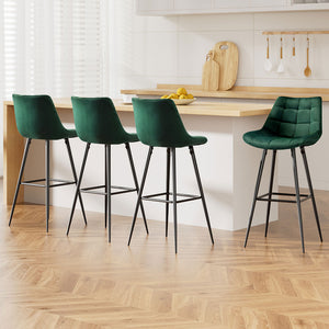 Artiss 4x Bar Stools Velvet Chairs Green

Expertly crafted with a sleek matt black finish and luxurious green velvet fabric, the Artiss Audrey Bar Stool offers both style and comfort for every sitting. Its sturdy metal construction and tufted design make it a sophisticated addition to any space, perfect for those who appreciate sleek and elegant furniture.&nbsp;