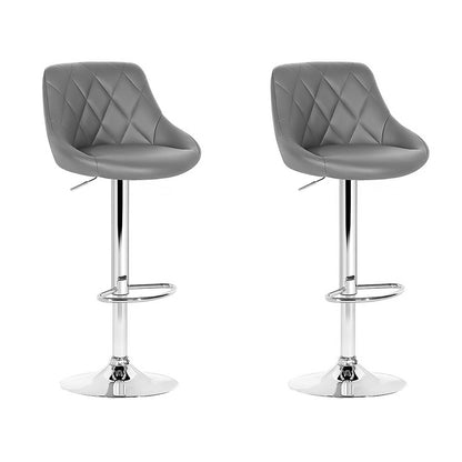 A pair of grey Artiss bar stools with diamond-style backrest, extra thick foam padding, and adjustable height, set on a stable chrome base with footrests.